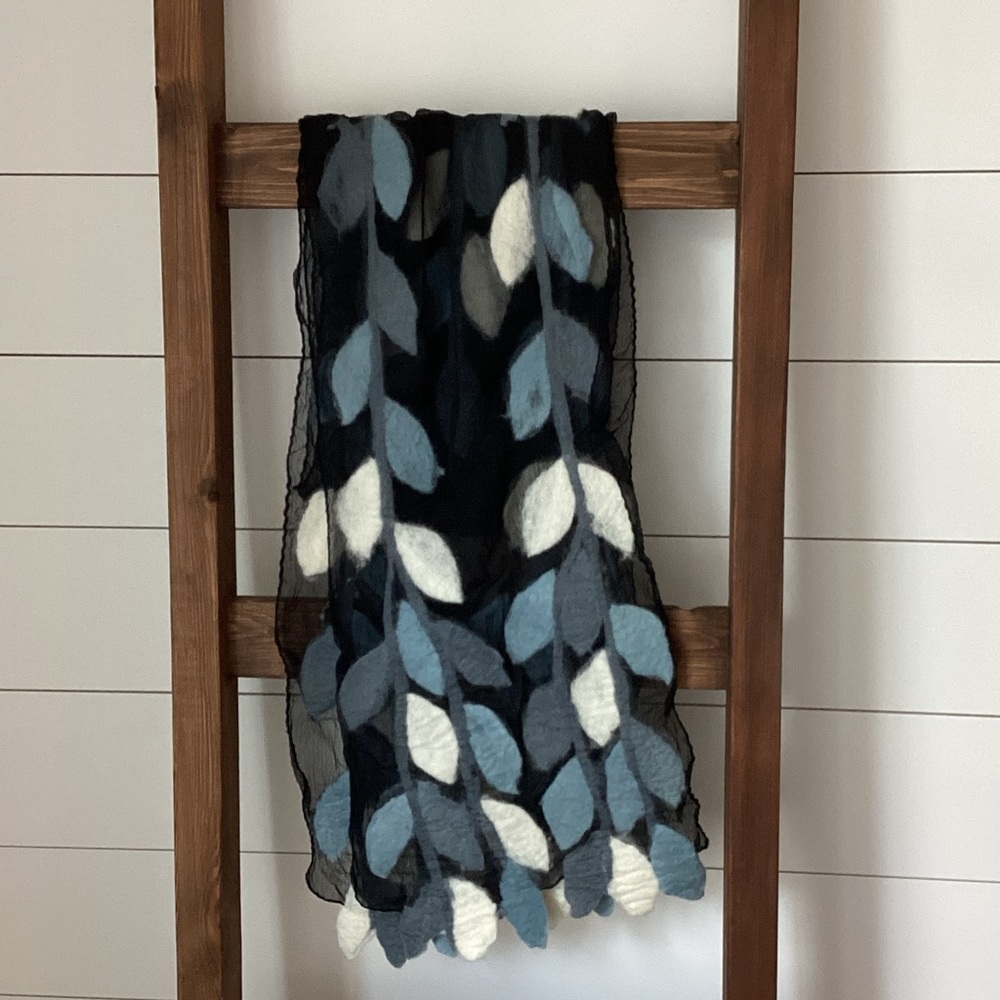 Elegant Black and Blue Leaf Pattern Scarf